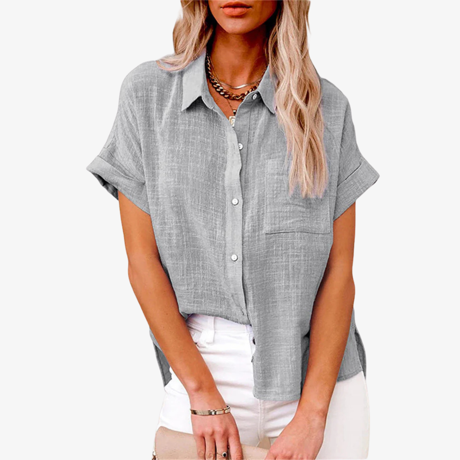 Women's Short Sleeve Button-Up Blouse