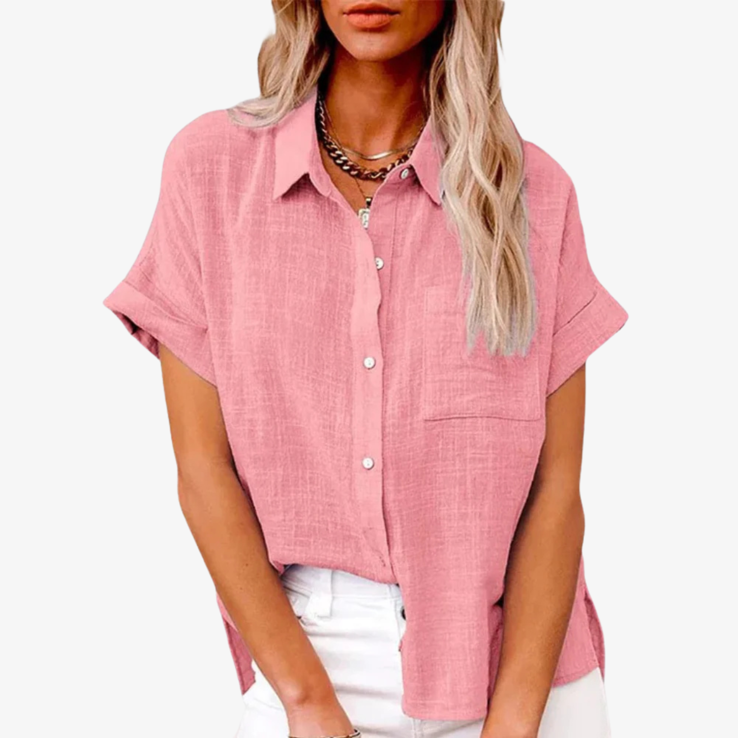 Women's Short Sleeve Button-Up Blouse