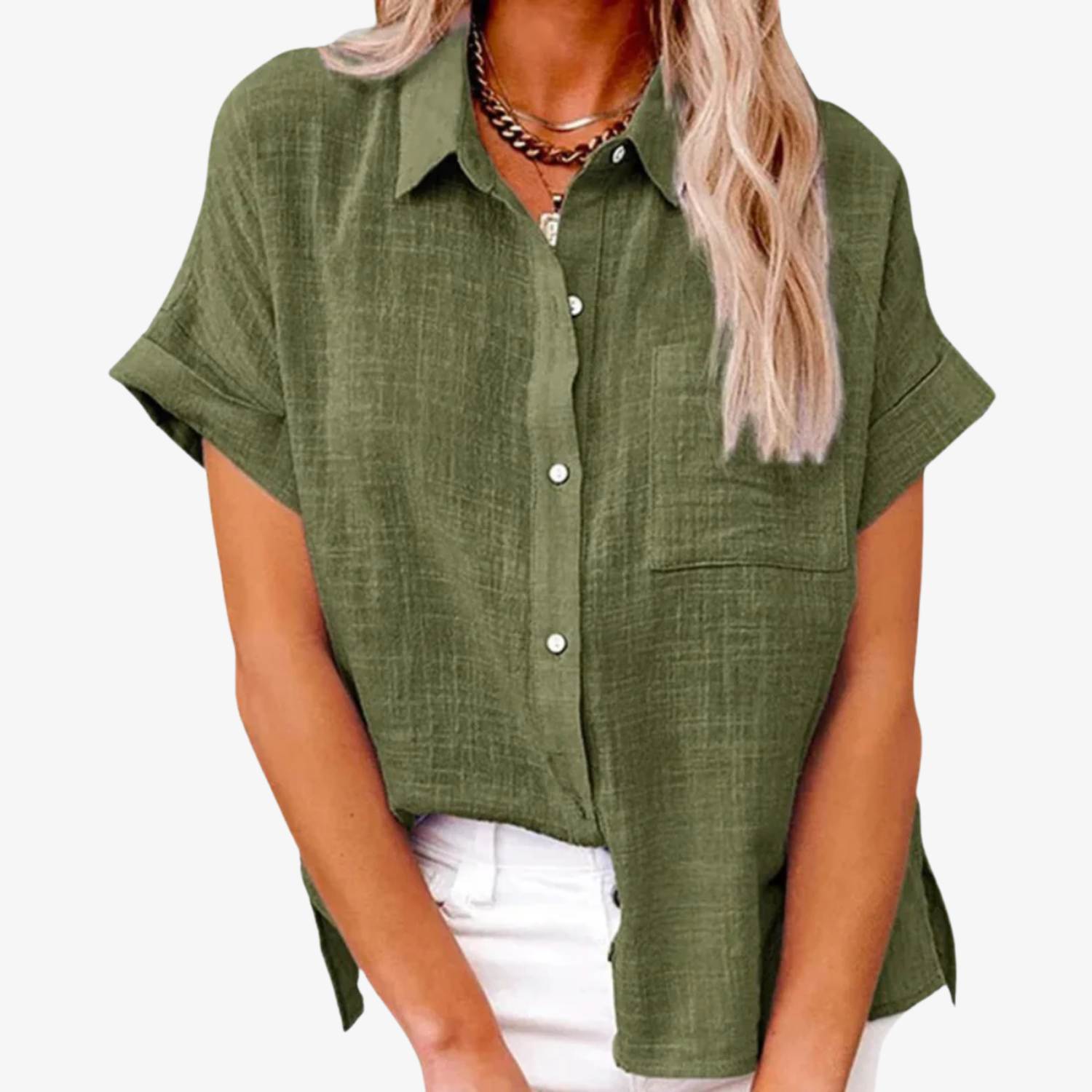 Women's Short Sleeve Button-Up Blouse