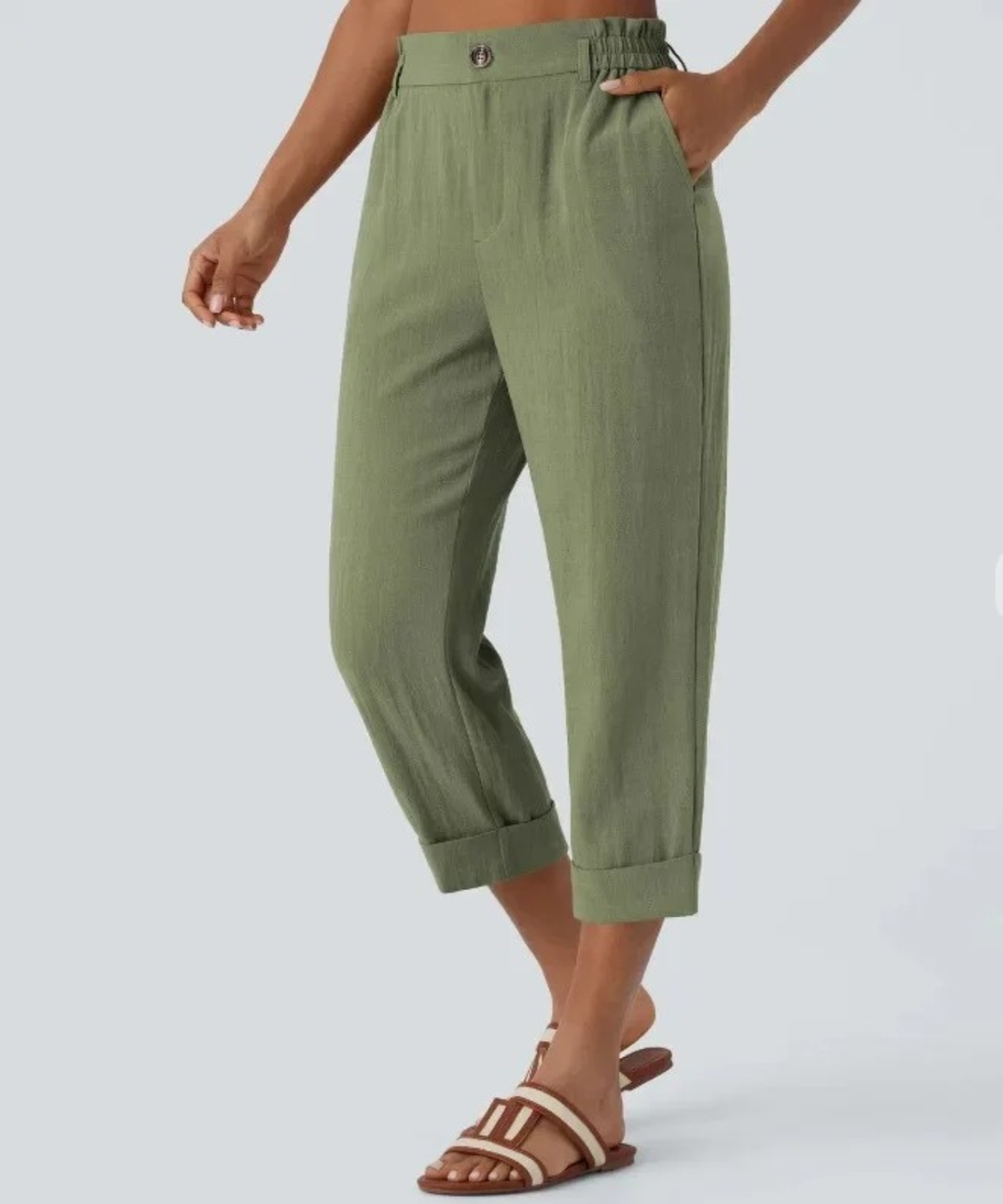 Women's Casual Cotton Linen Cropped Pants