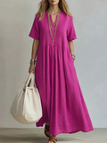 Women's Split Neck Pintuck Linen Blend Maxi Dress