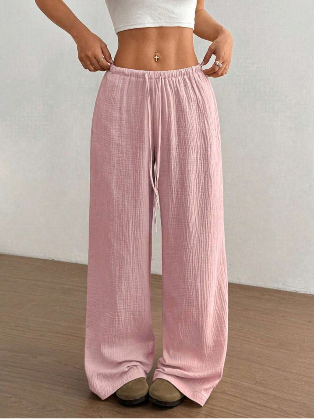 Women's Casual Drawstring Wide Leg Linen Pants