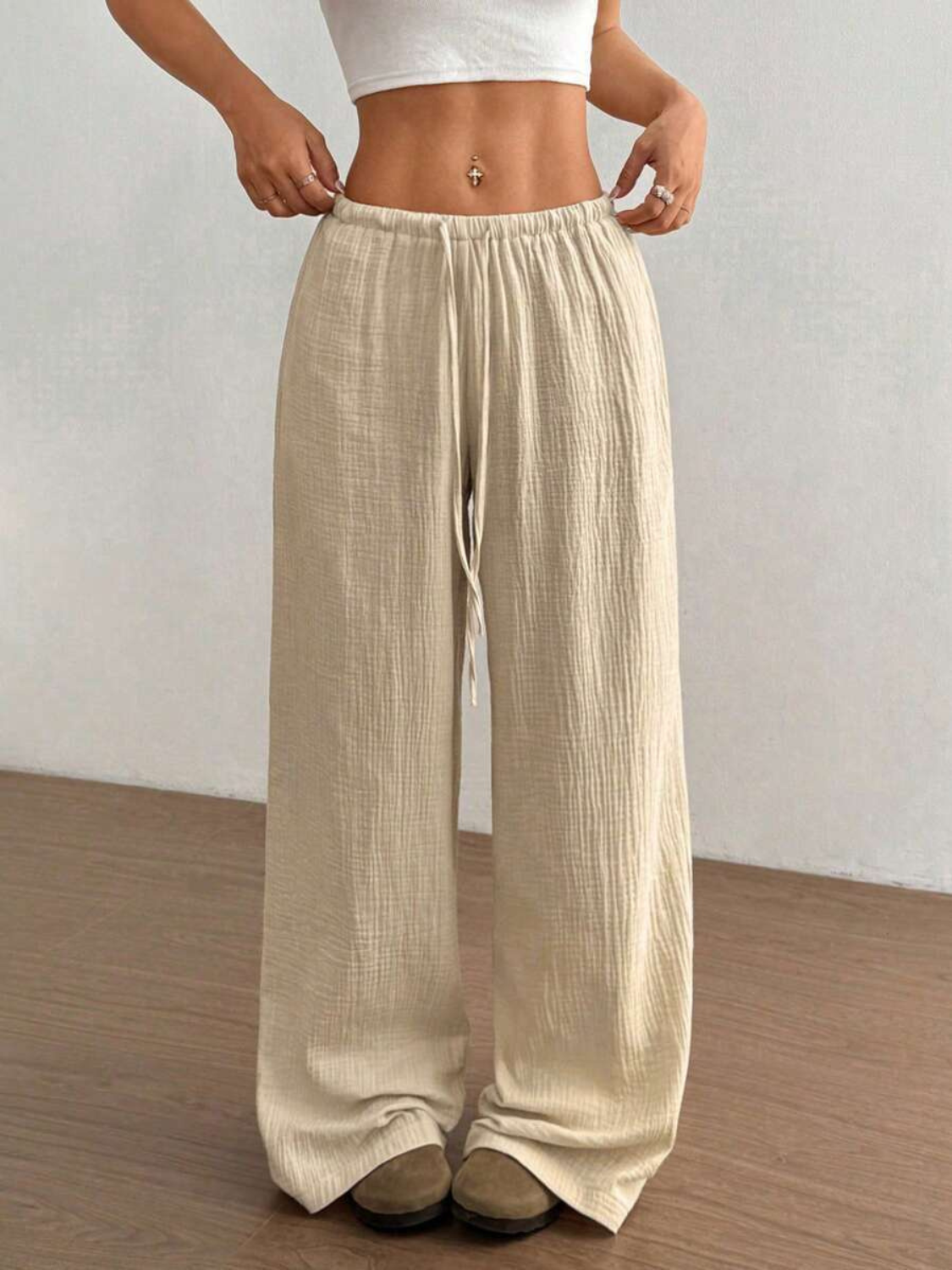 Women's Casual Drawstring Wide Leg Linen Pants