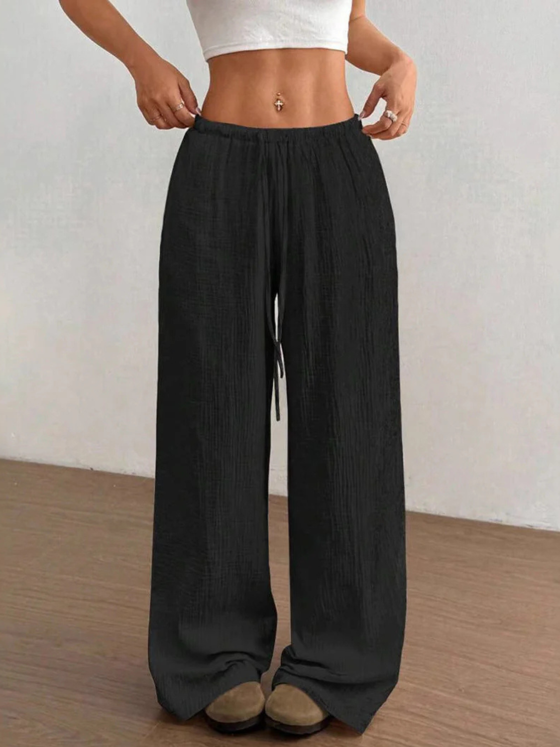 Women's Casual Drawstring Wide Leg Linen Pants
