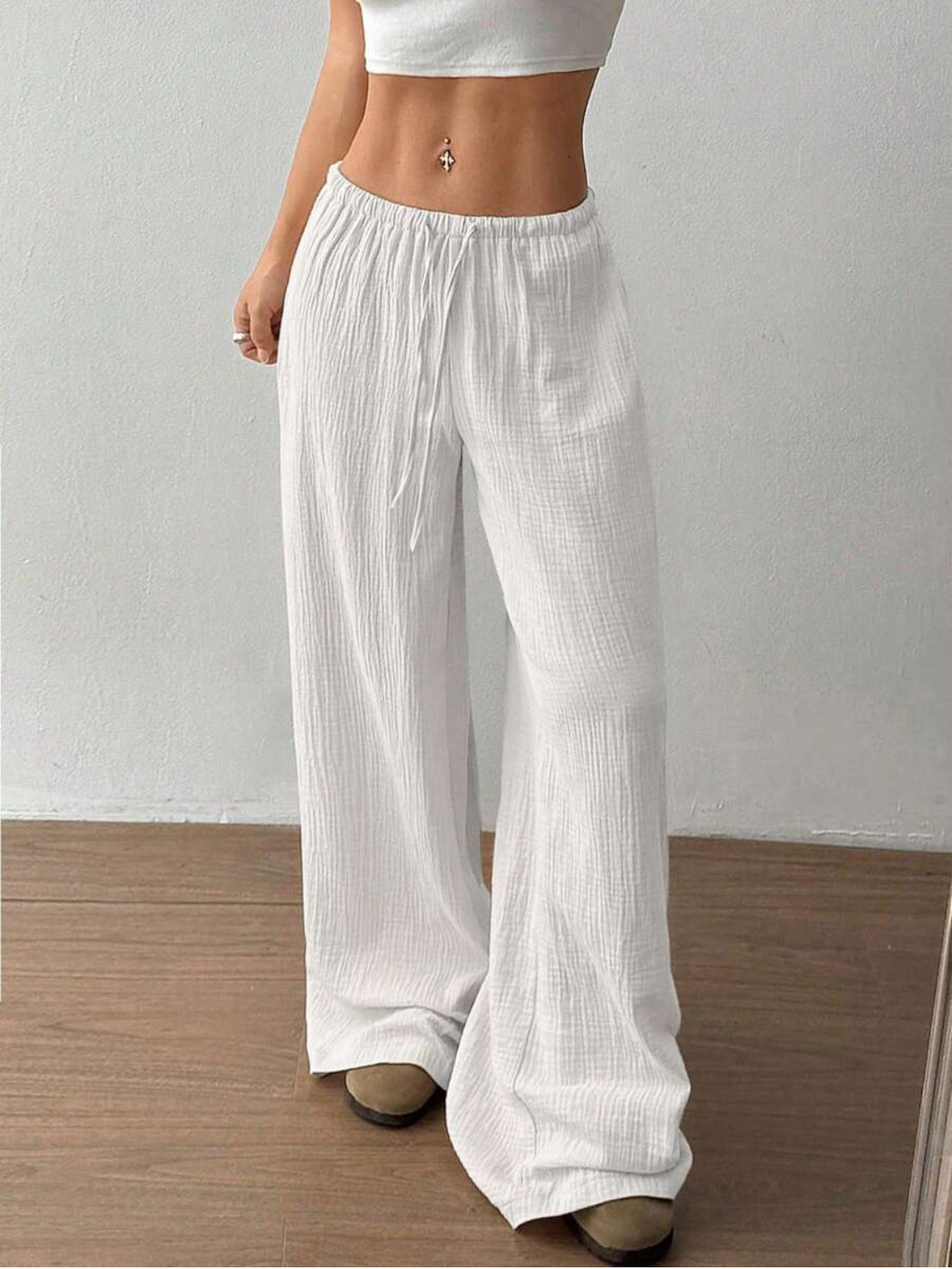 Women's Casual Drawstring Wide Leg Linen Pants