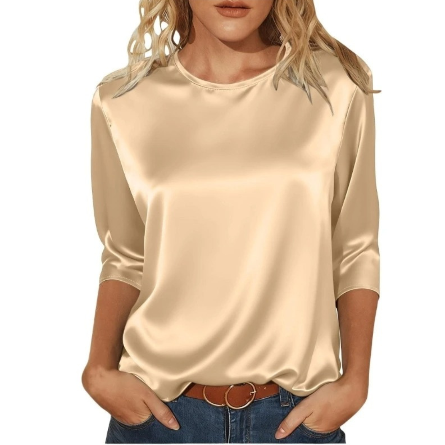 Women's Casual Satin Round Neck 3/4 Sleeve Top