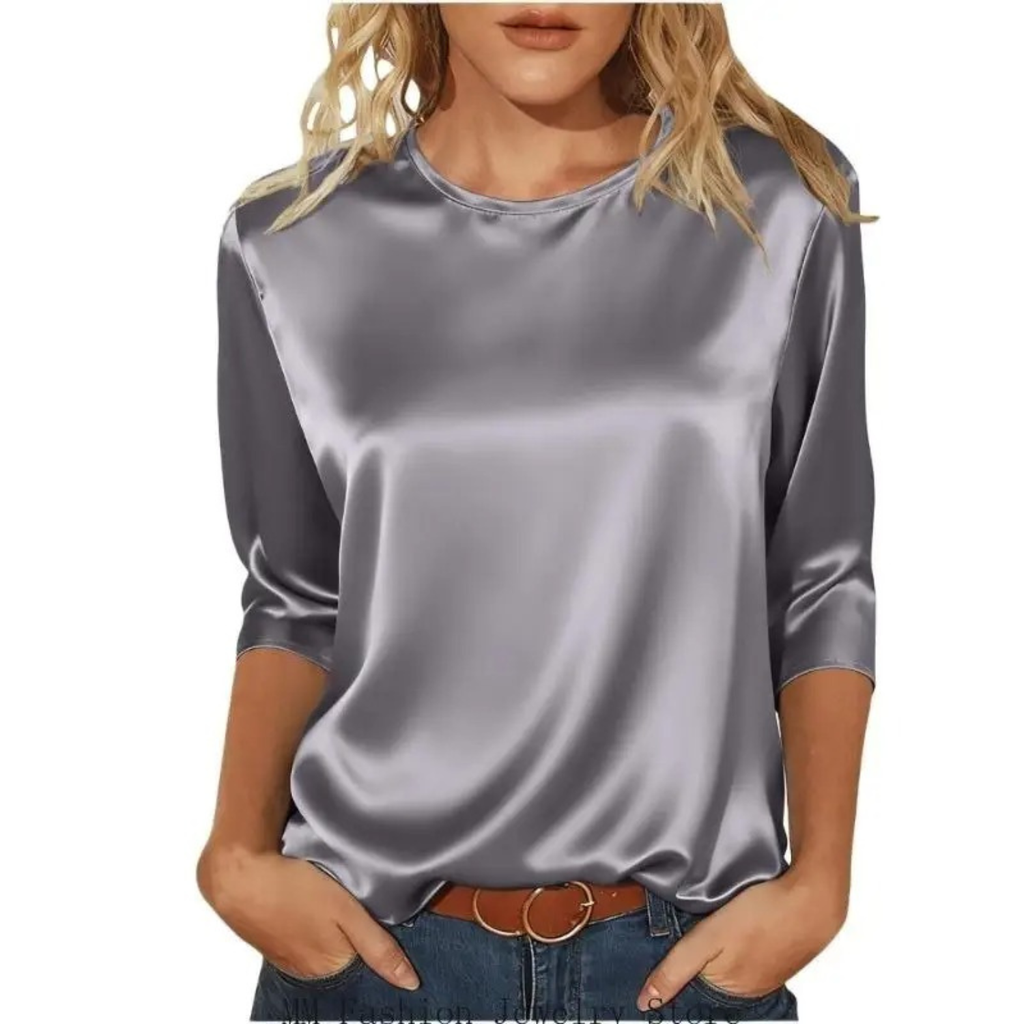 Women's Casual Satin Round Neck 3/4 Sleeve Top