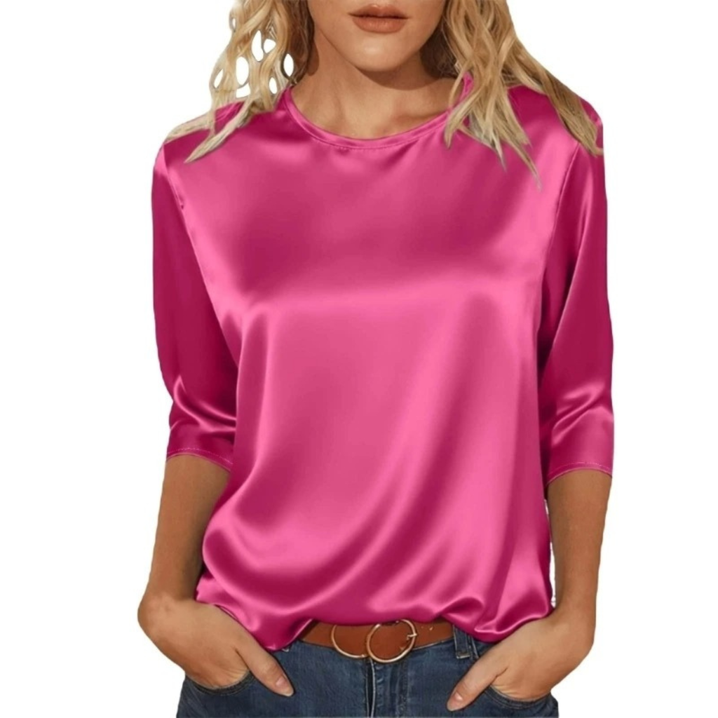 Women's Casual Satin Round Neck 3/4 Sleeve Top