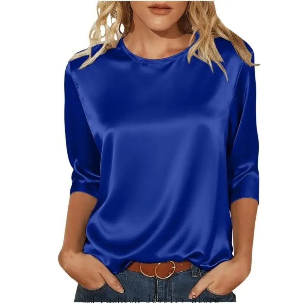Women's Casual Satin Round Neck 3/4 Sleeve Top