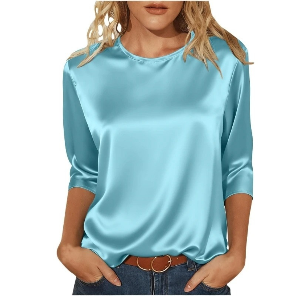Women's Casual Satin Round Neck 3/4 Sleeve Top