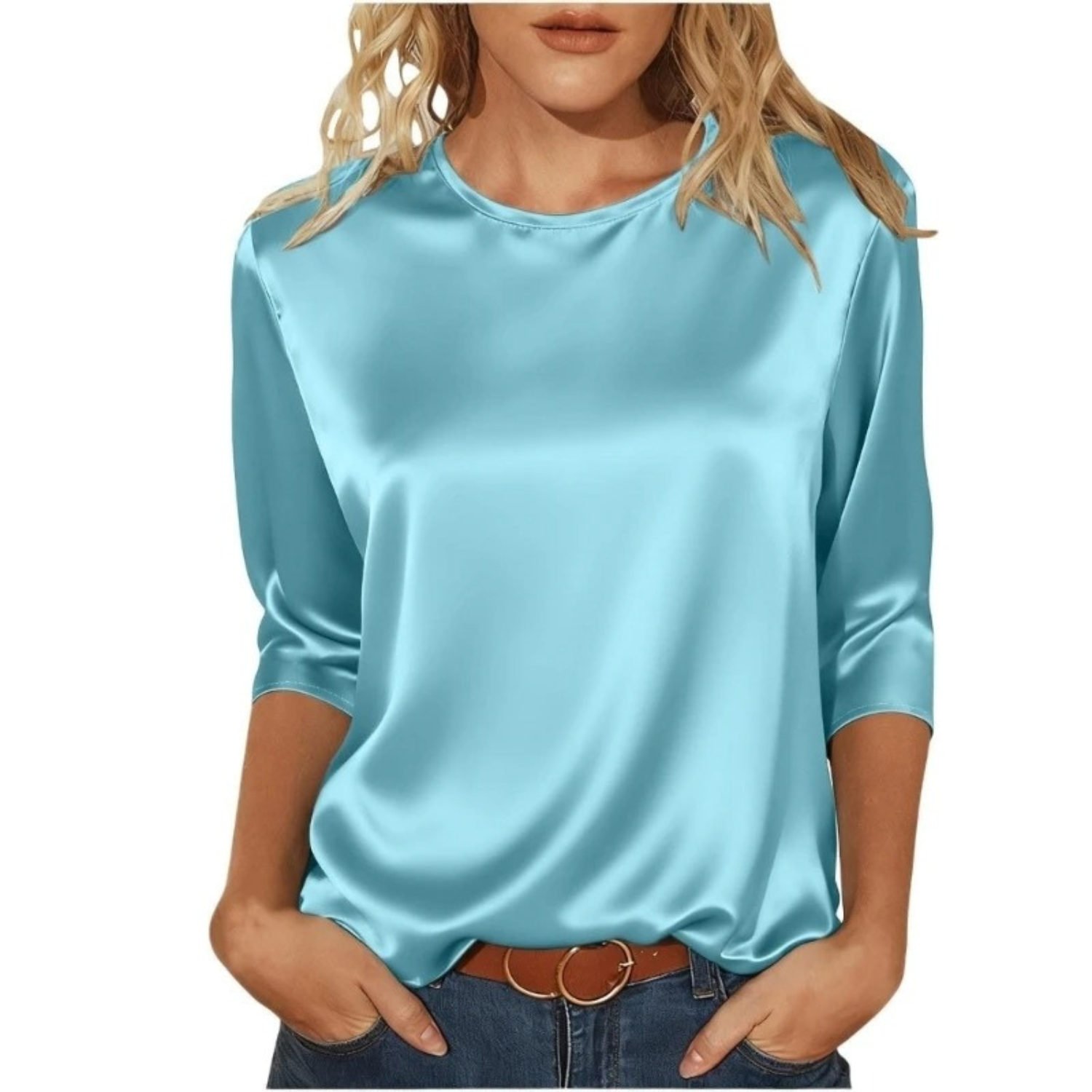 Women's Casual Satin Round Neck 3/4 Sleeve Top