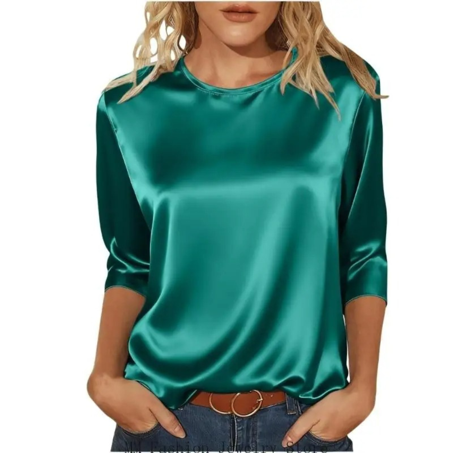 Women's Casual Satin Round Neck 3/4 Sleeve Top