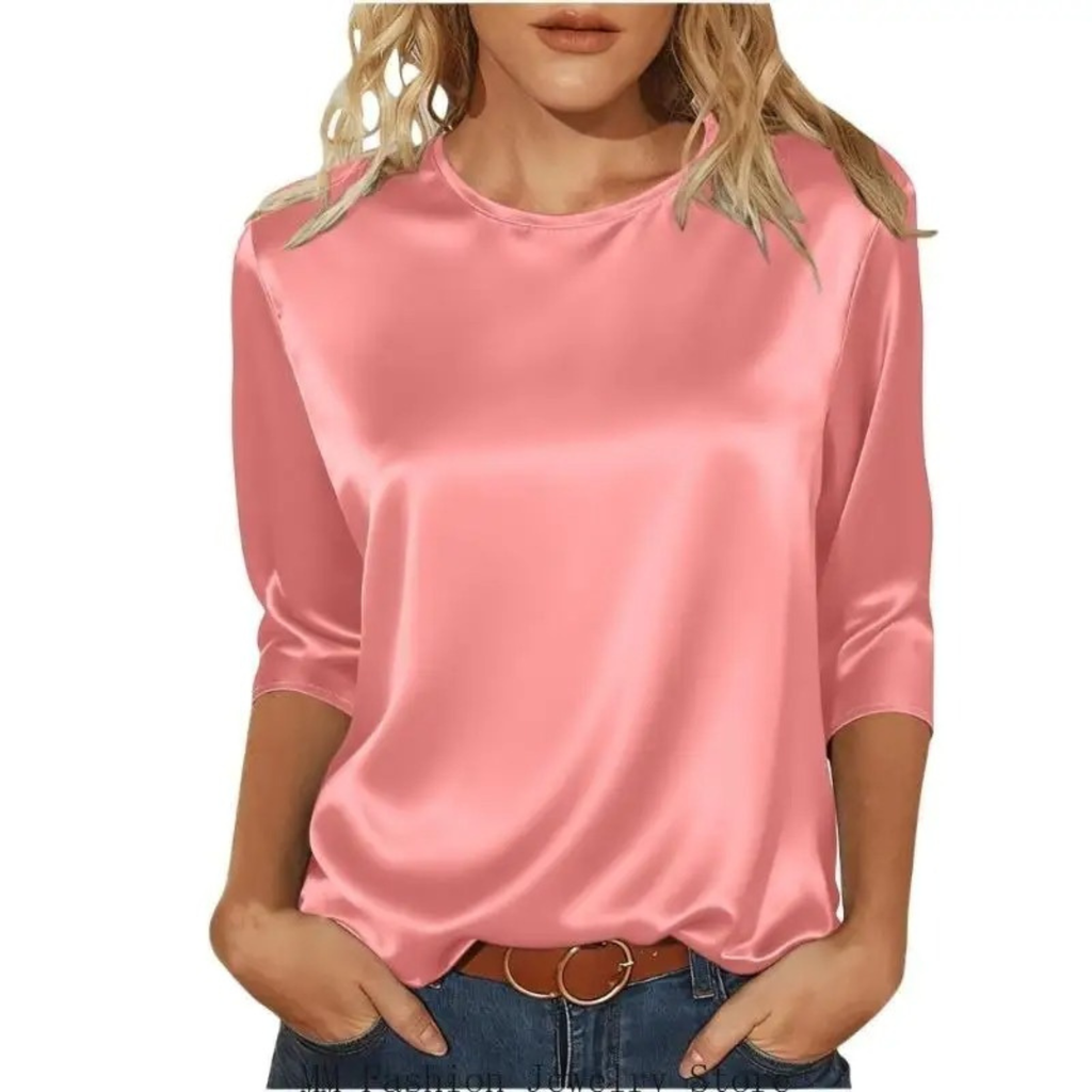 Women's Casual Satin Round Neck 3/4 Sleeve Top