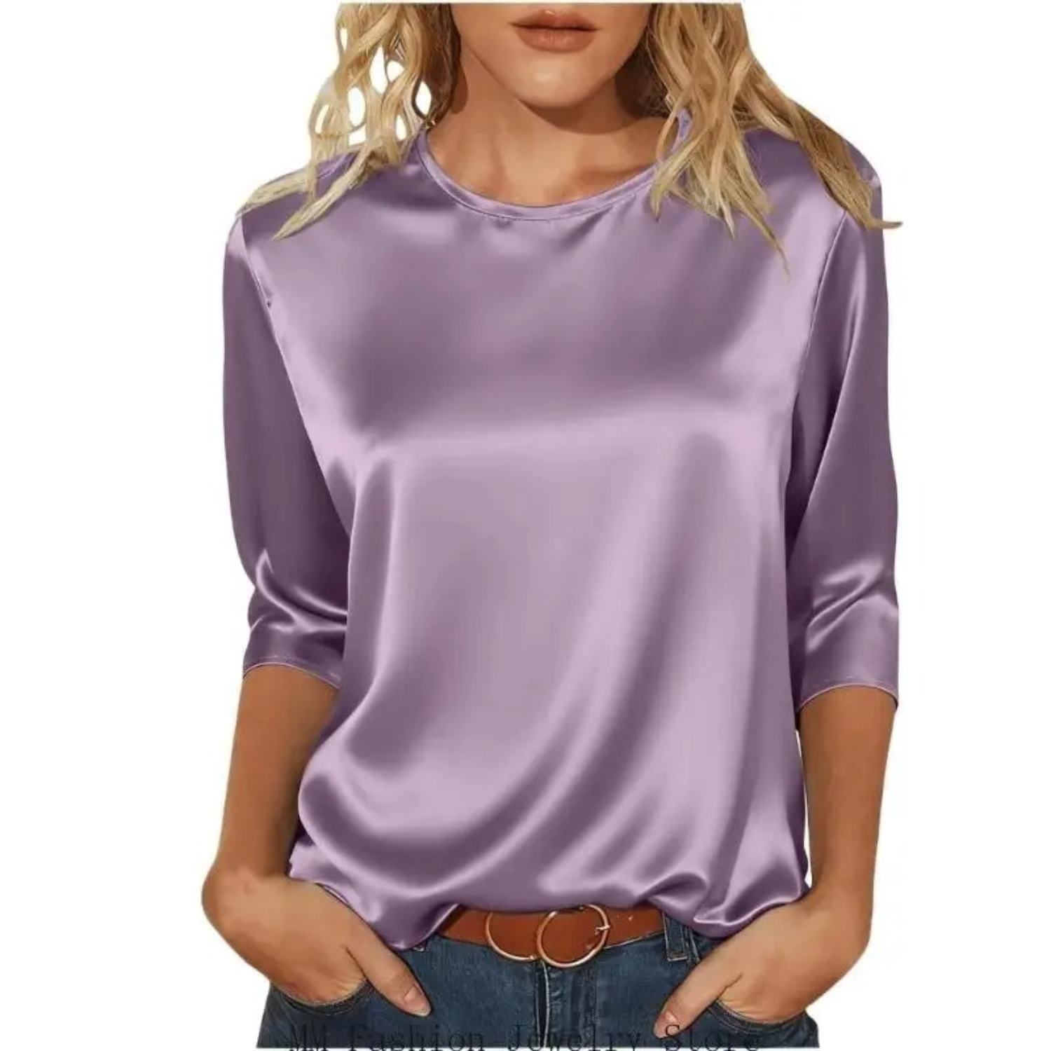 Women's Casual Satin Round Neck 3/4 Sleeve Top