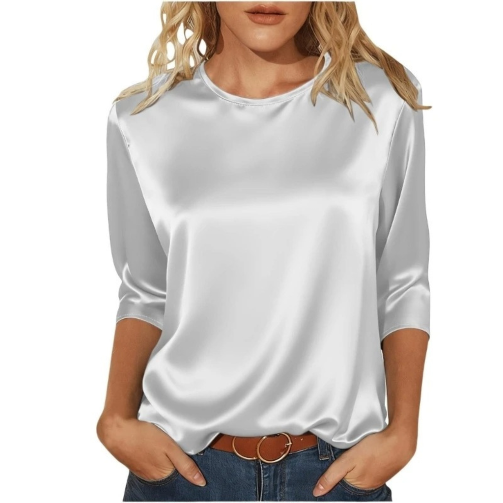 Women's Casual Satin Round Neck 3/4 Sleeve Top