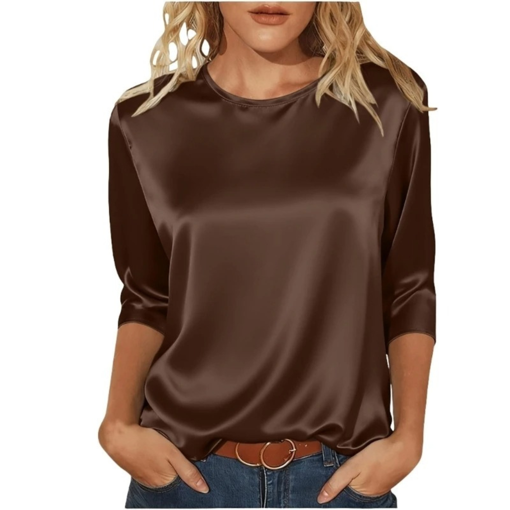 Women's Casual Satin Round Neck 3/4 Sleeve Top