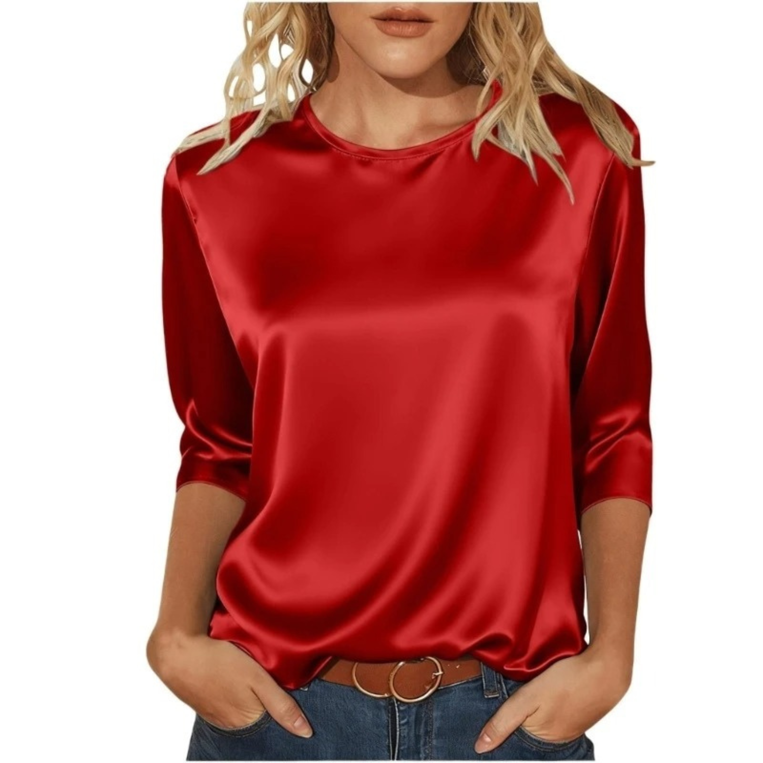 Women's Casual Satin Round Neck 3/4 Sleeve Top
