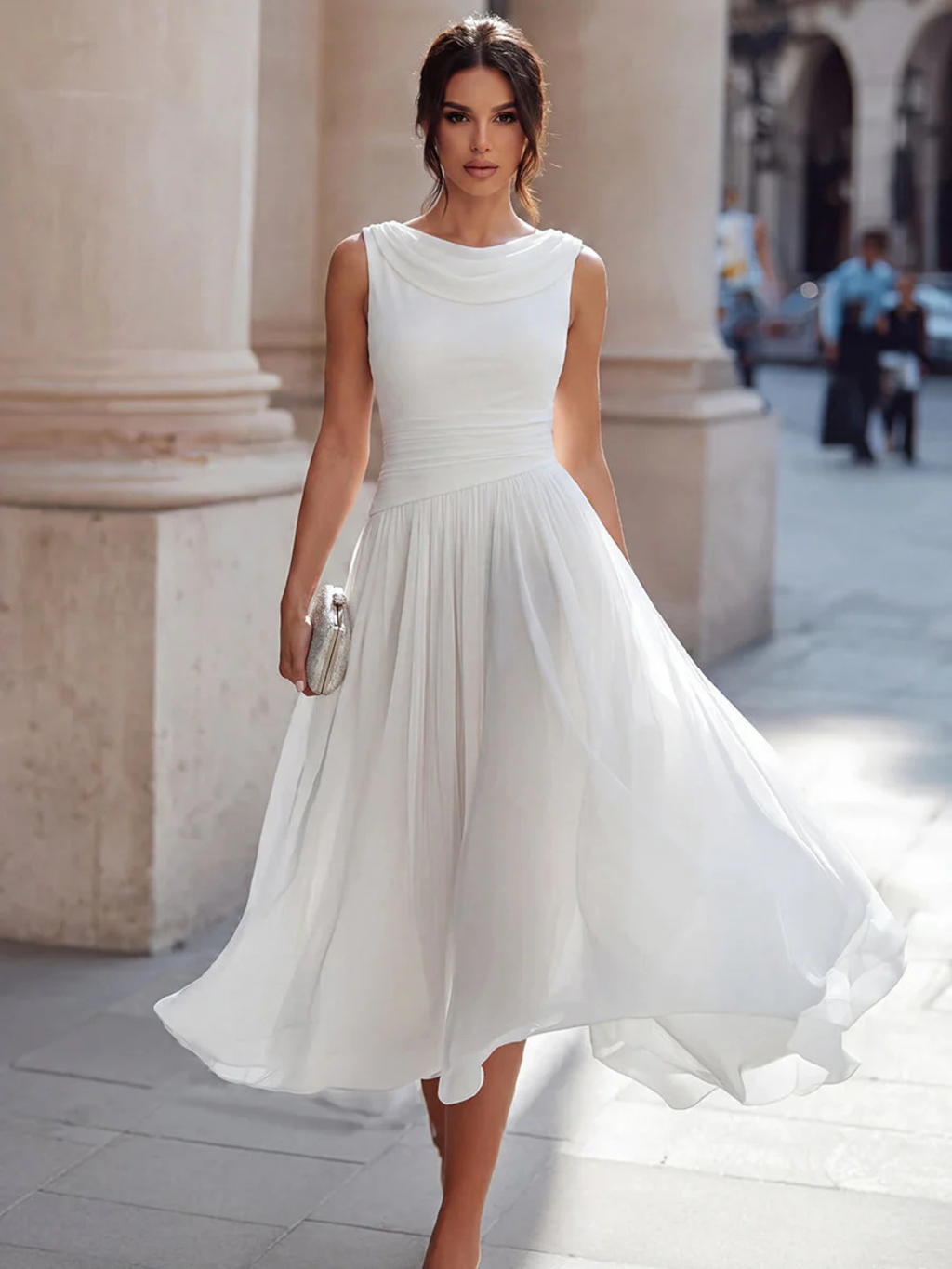 Women's Draped Neck Sleeveless Pleated Midi Dress