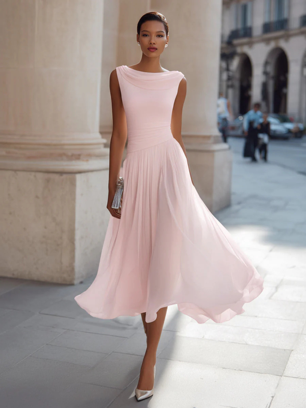 Women's Draped Neck Sleeveless Pleated Midi Dress