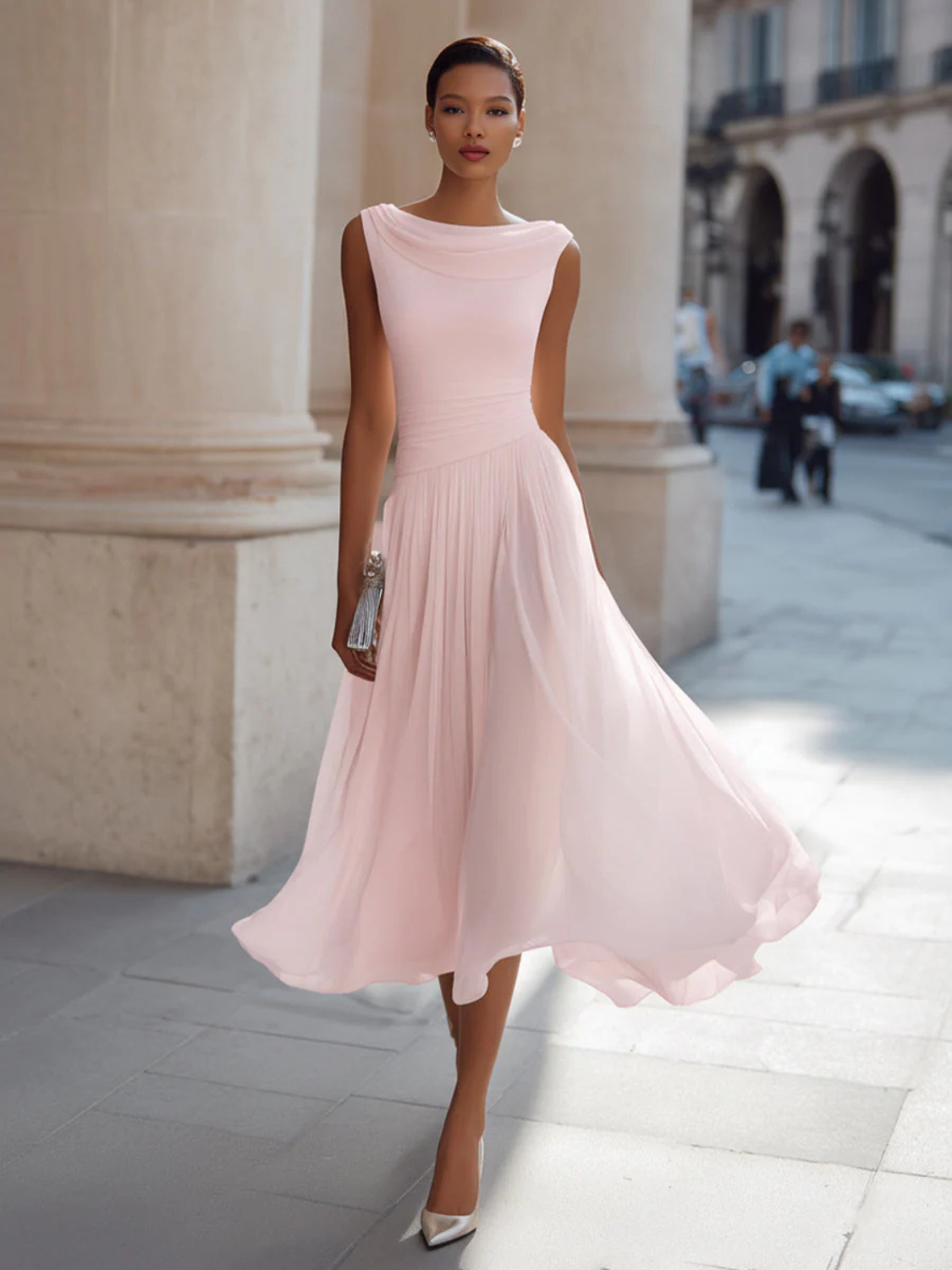 Women's Draped Neck Sleeveless Pleated Midi Dress
