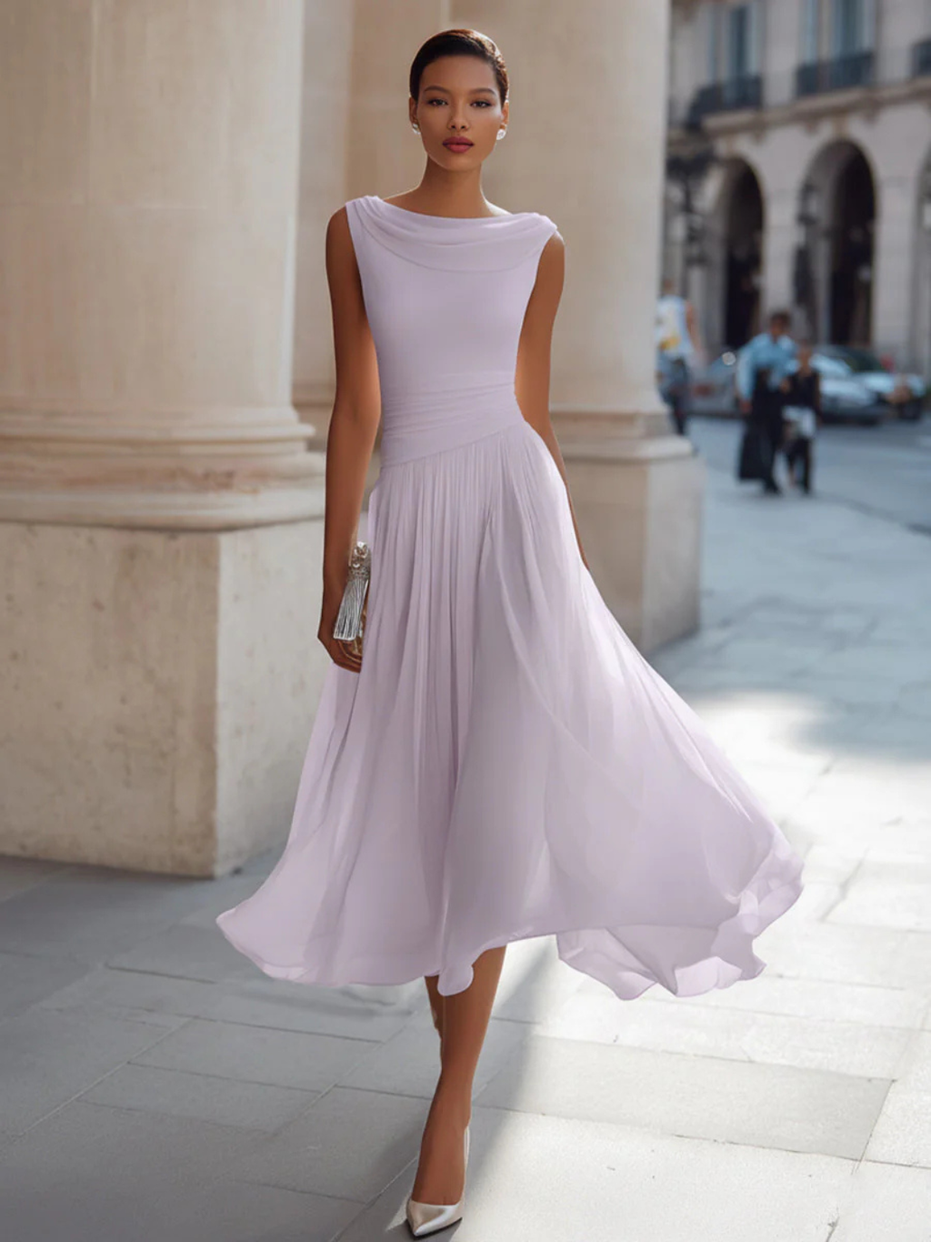 Women's Draped Neck Sleeveless Pleated Midi Dress