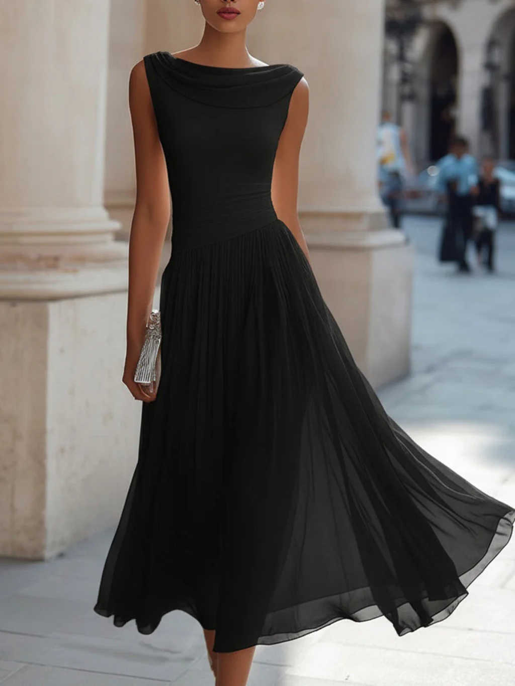 Women's Draped Neck Sleeveless Pleated Midi Dress