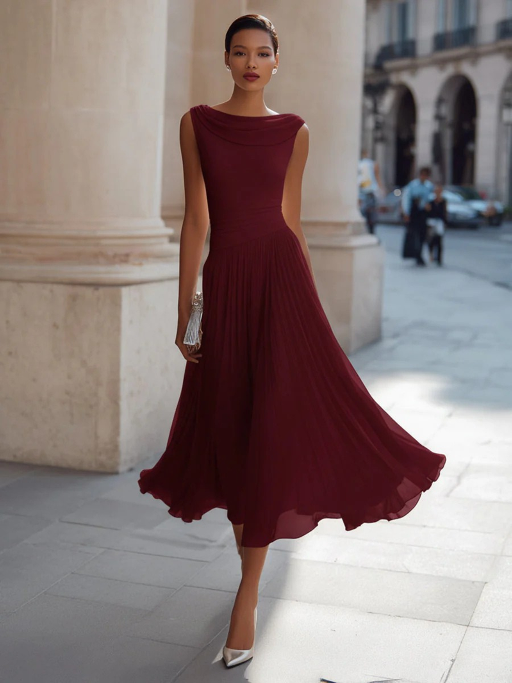 Women's Draped Neck Sleeveless Pleated Midi Dress