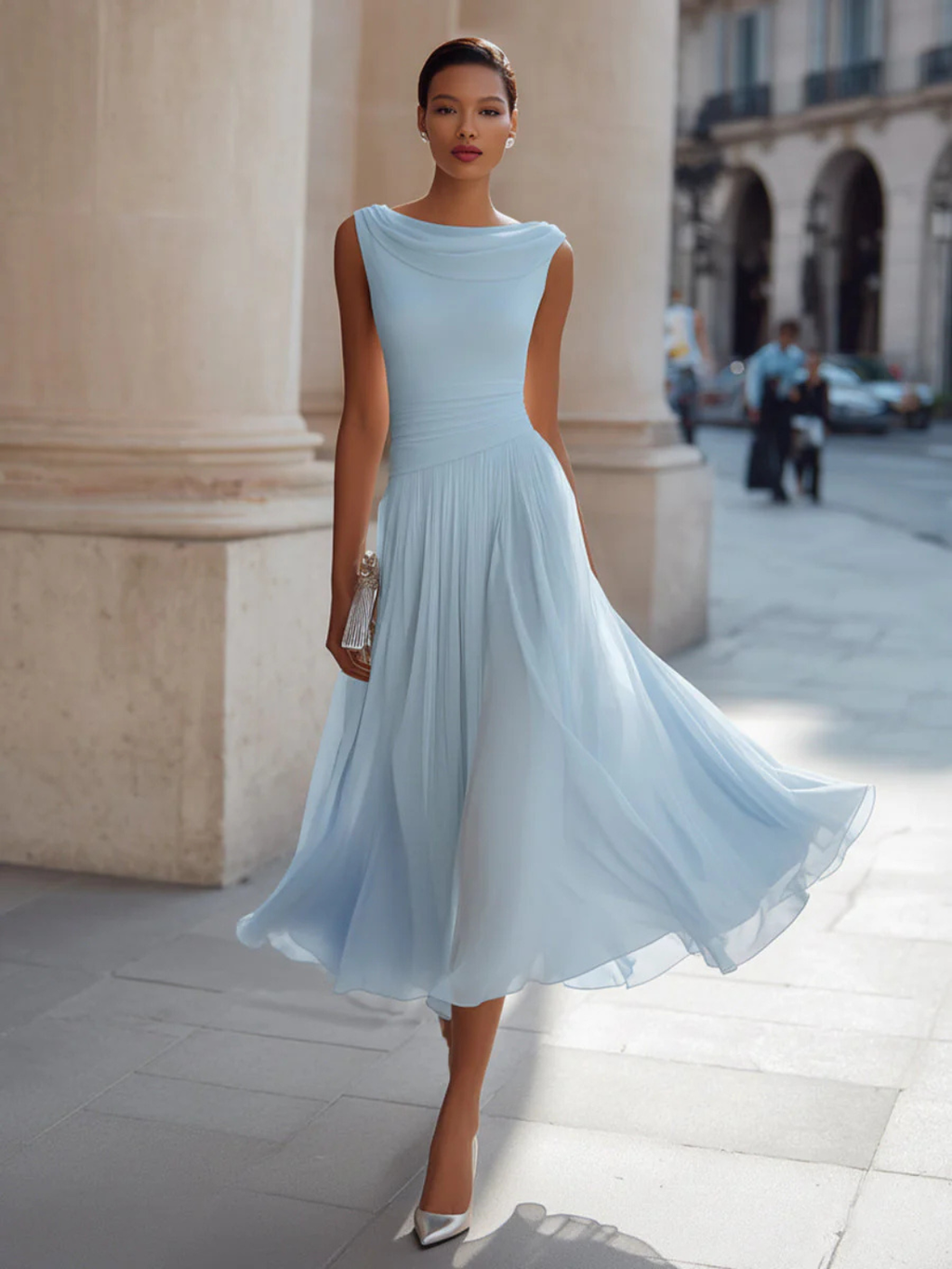 Women's Draped Neck Sleeveless Pleated Midi Dress