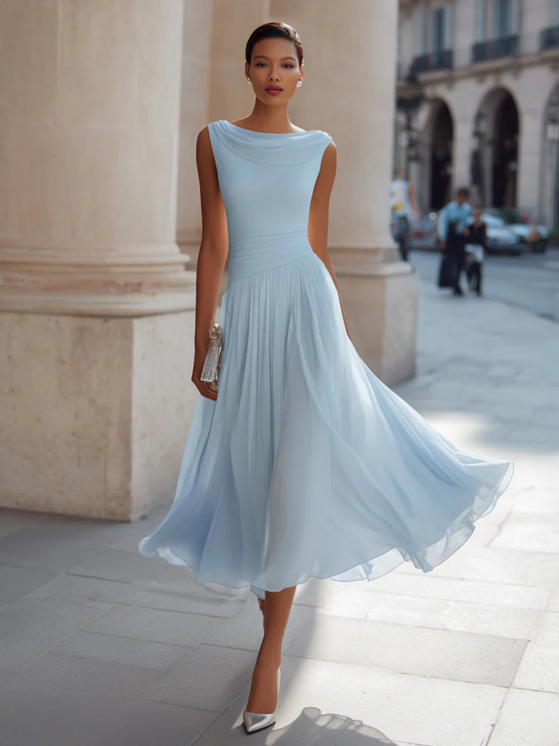 Women's Draped Neck Sleeveless Pleated Midi Dress
