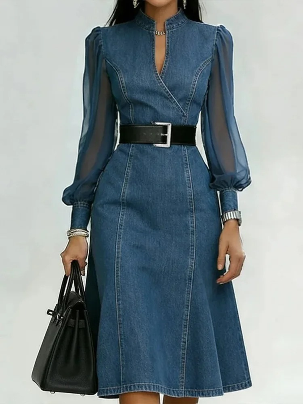 Women's Elegant Belted Denim Midi Dress