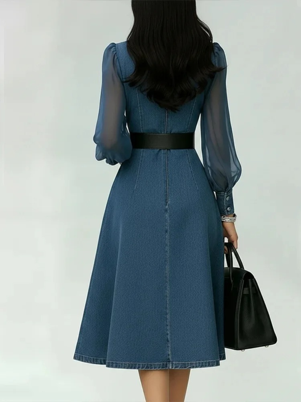 Women's Elegant Belted Denim Midi Dress