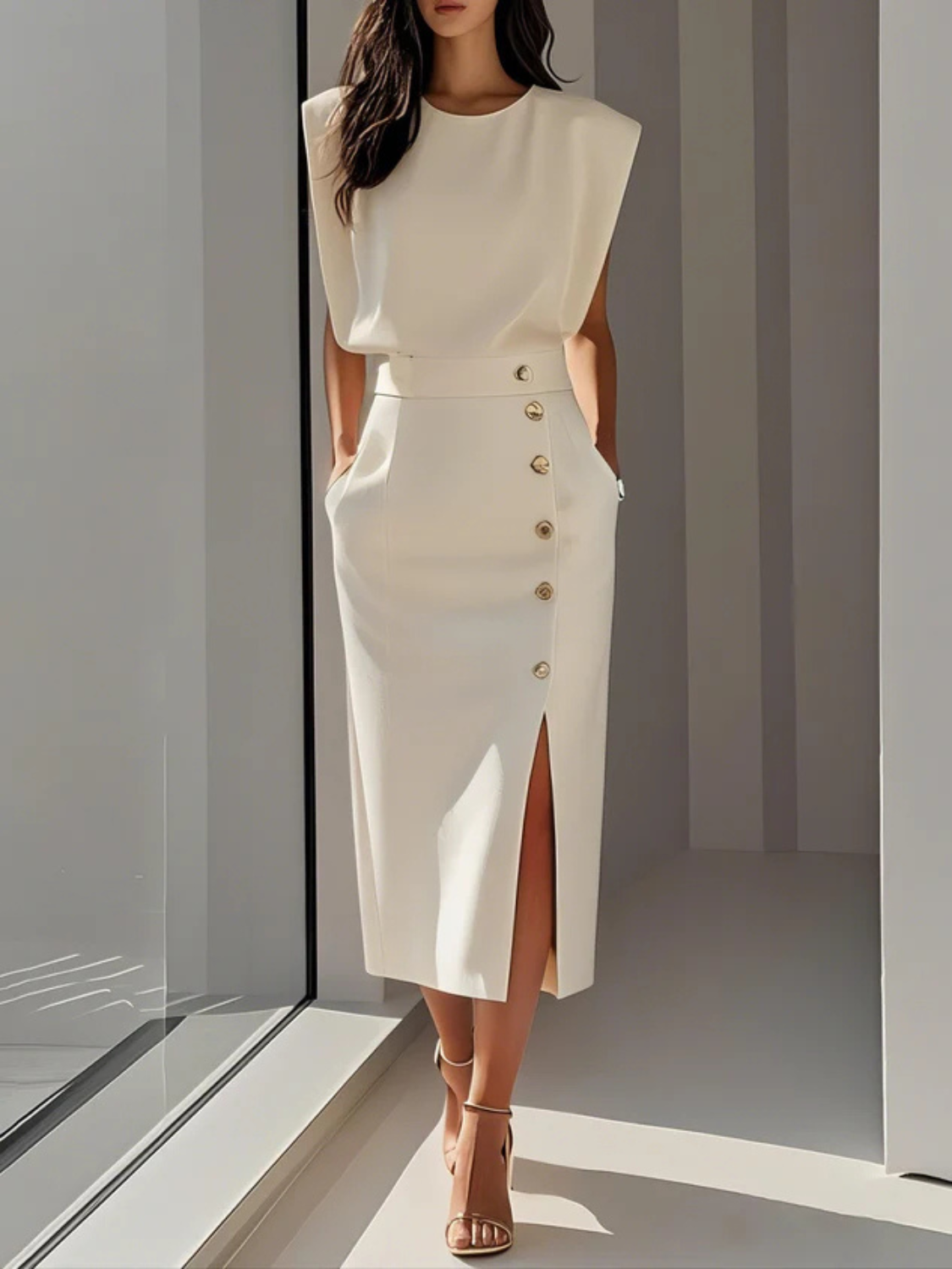Women's Elegant Button Detail Midi Dress