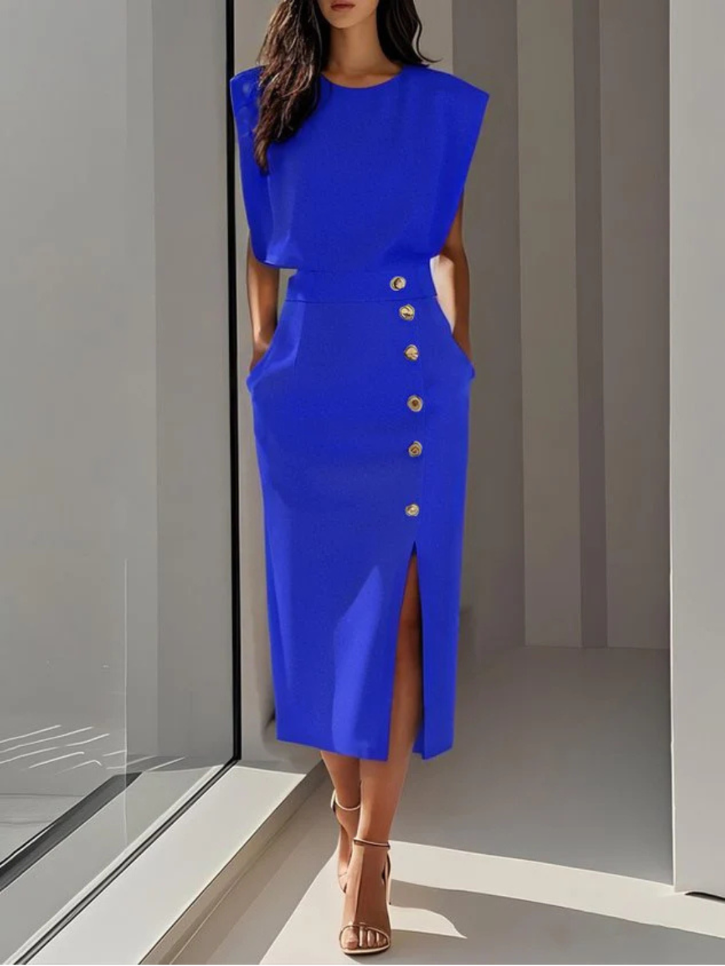 Women's Elegant Button Detail Midi Dress