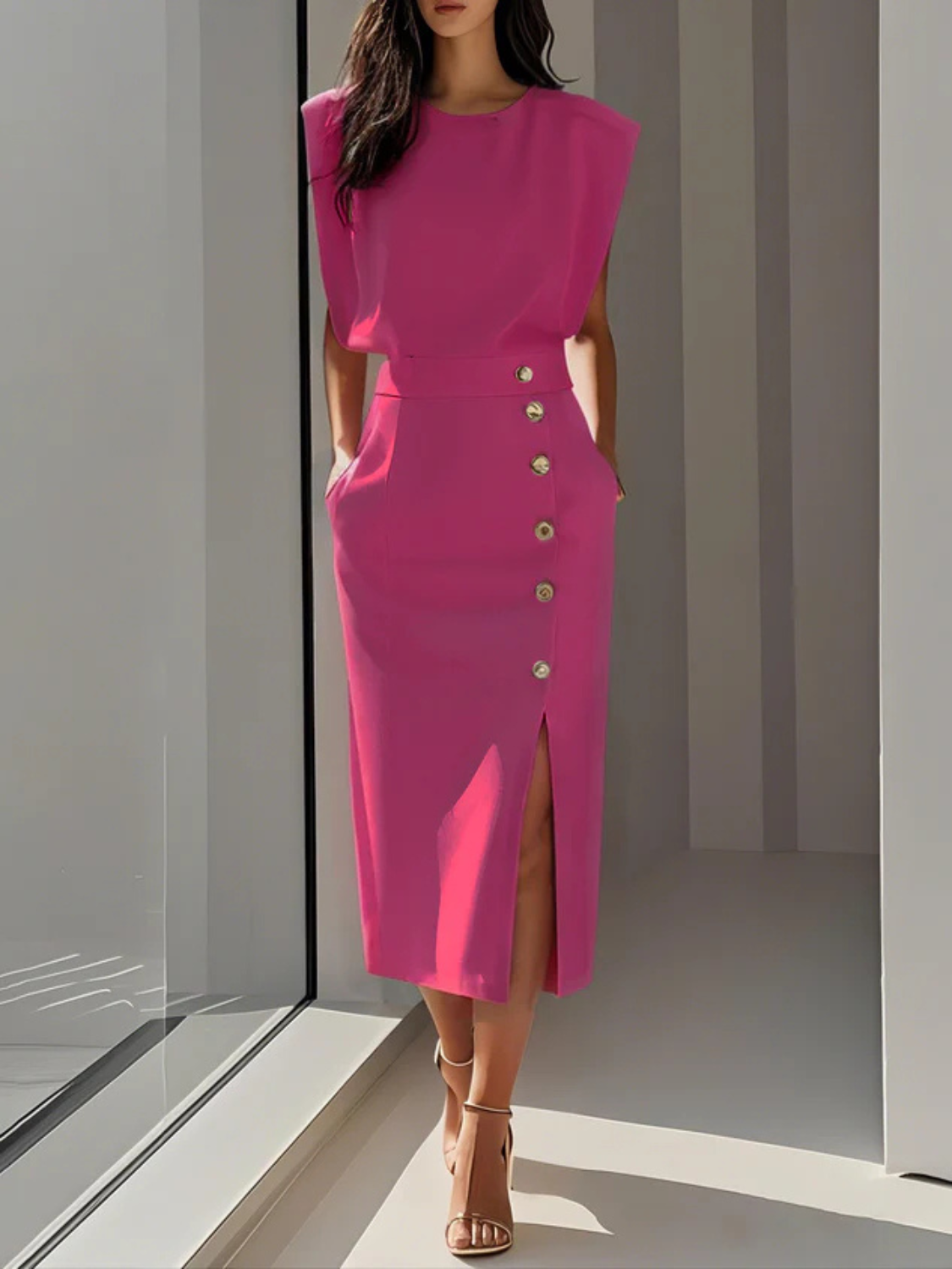 Women's Elegant Button Detail Midi Dress
