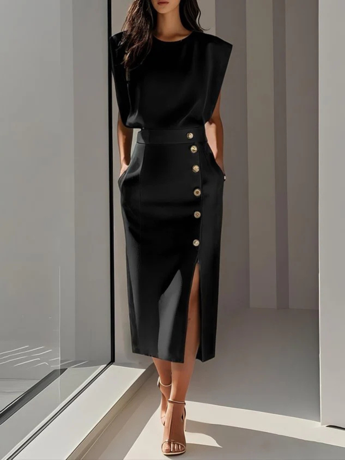 Women's Elegant Button Detail Midi Dress
