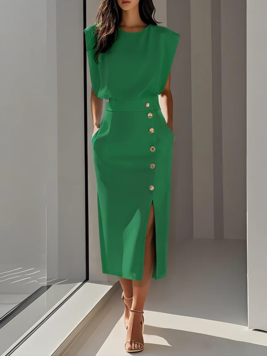 Women's Elegant Button Detail Midi Dress