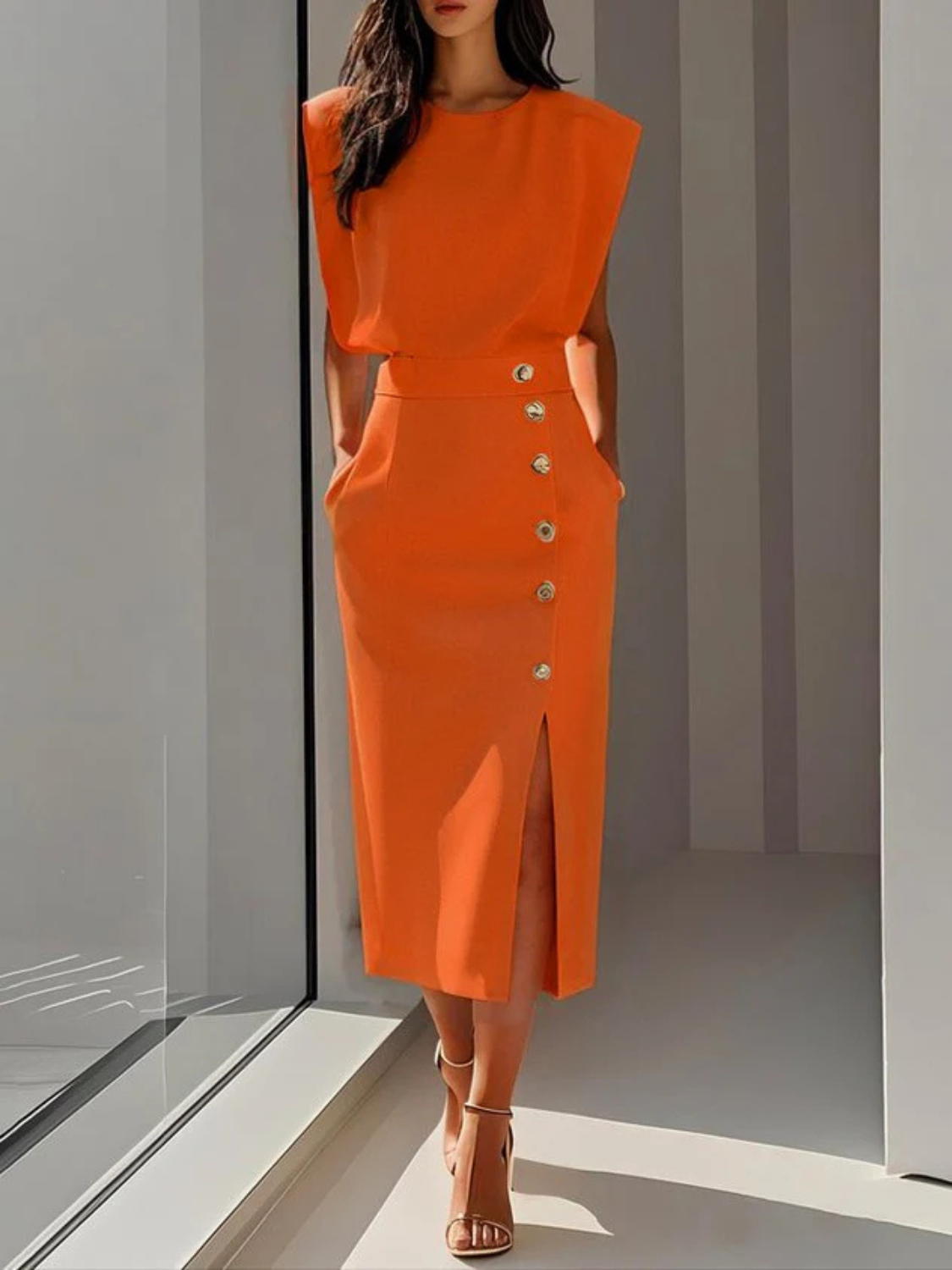 Women's Elegant Button Detail Midi Dress