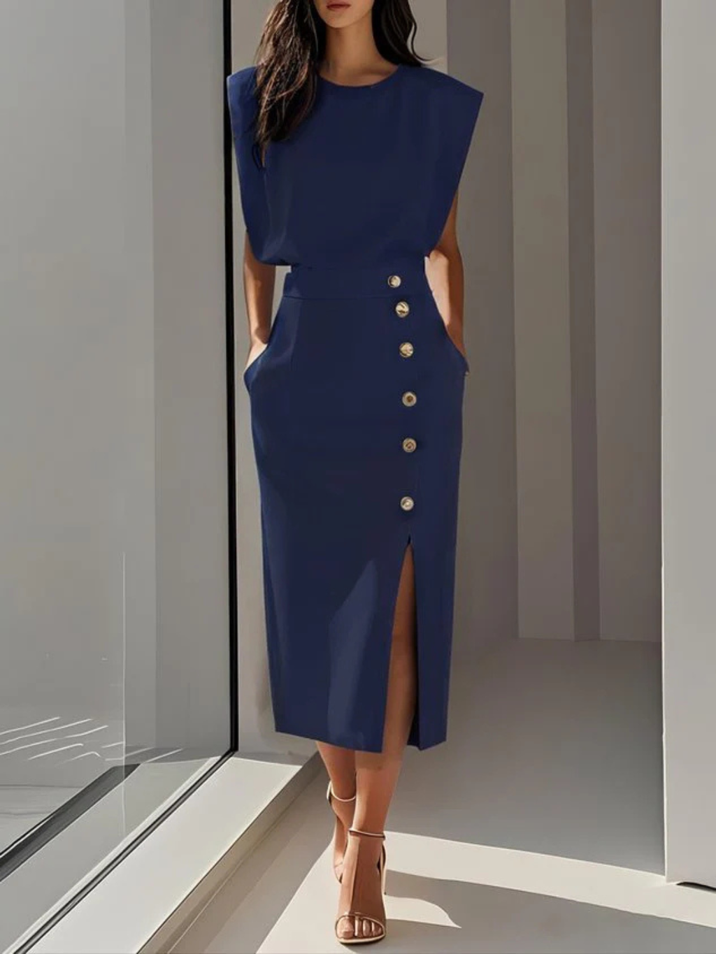 Women's Elegant Button Detail Midi Dress
