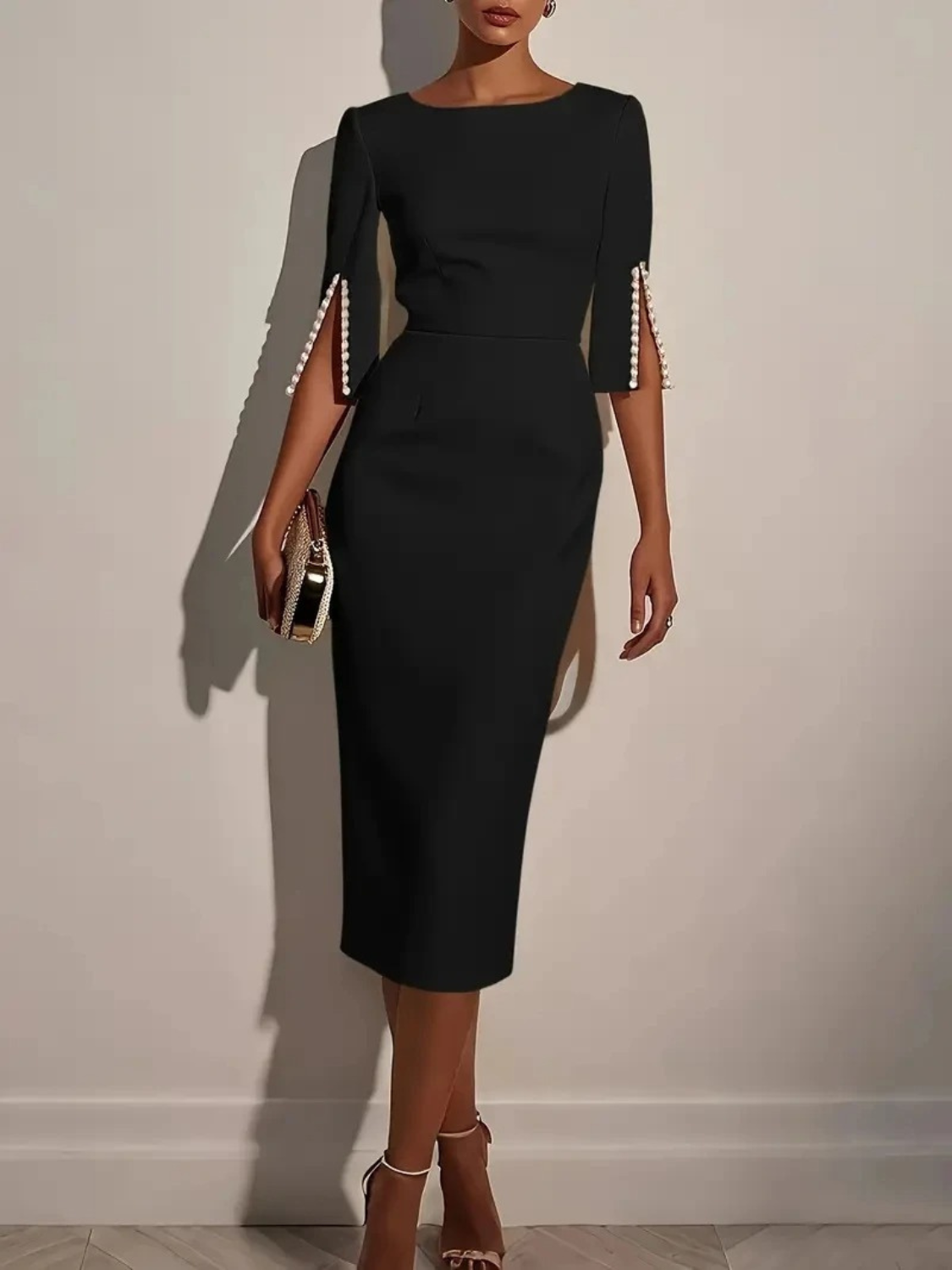 Women's Elegant Pearl Detail Midi Dress