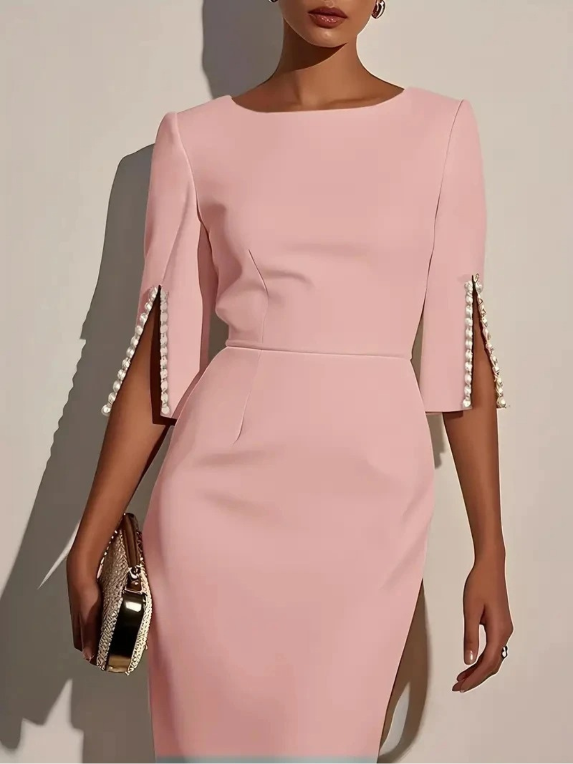 Women's Elegant Pearl Detail Midi Dress