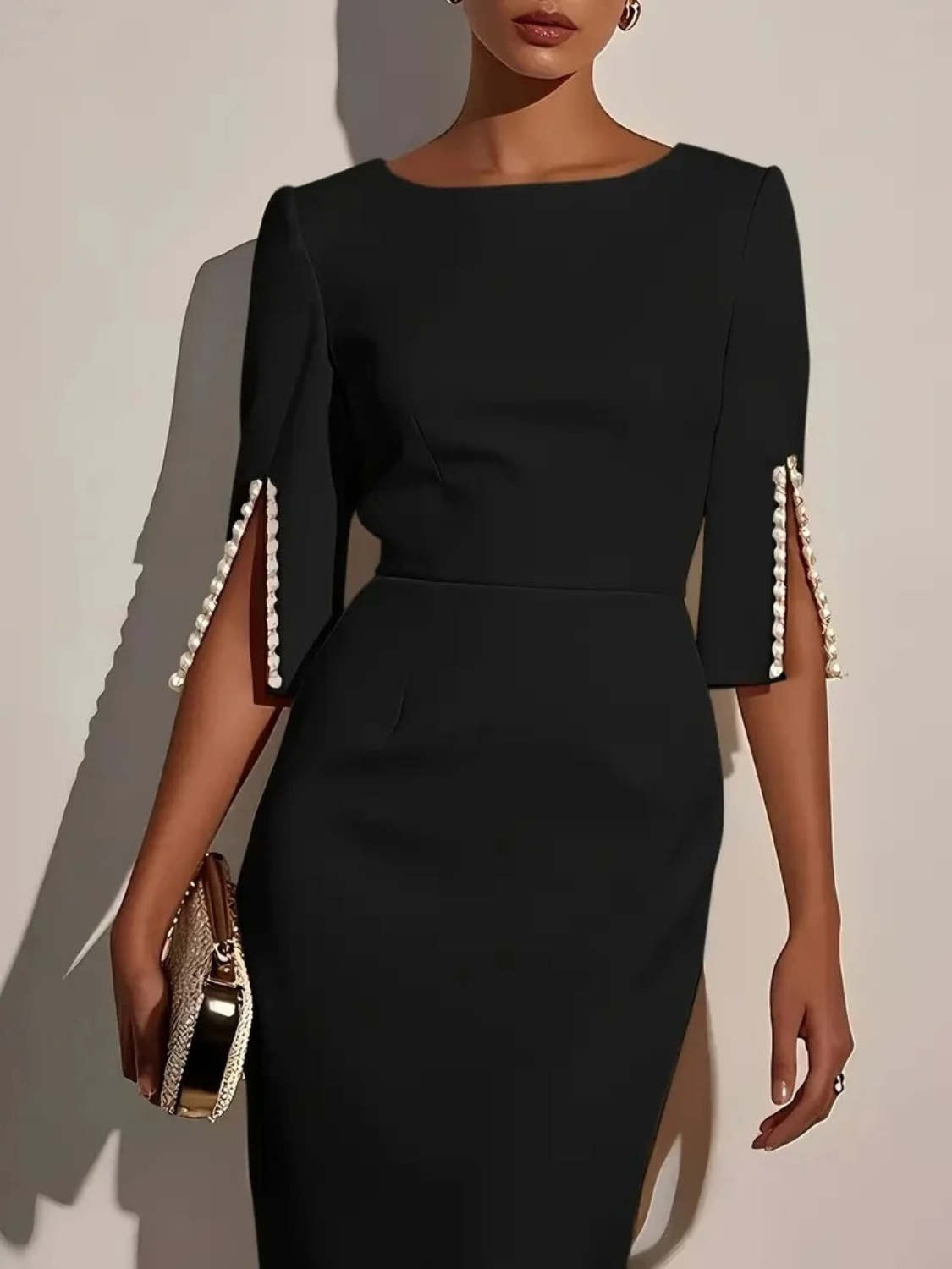 Women's Elegant Pearl Detail Midi Dress