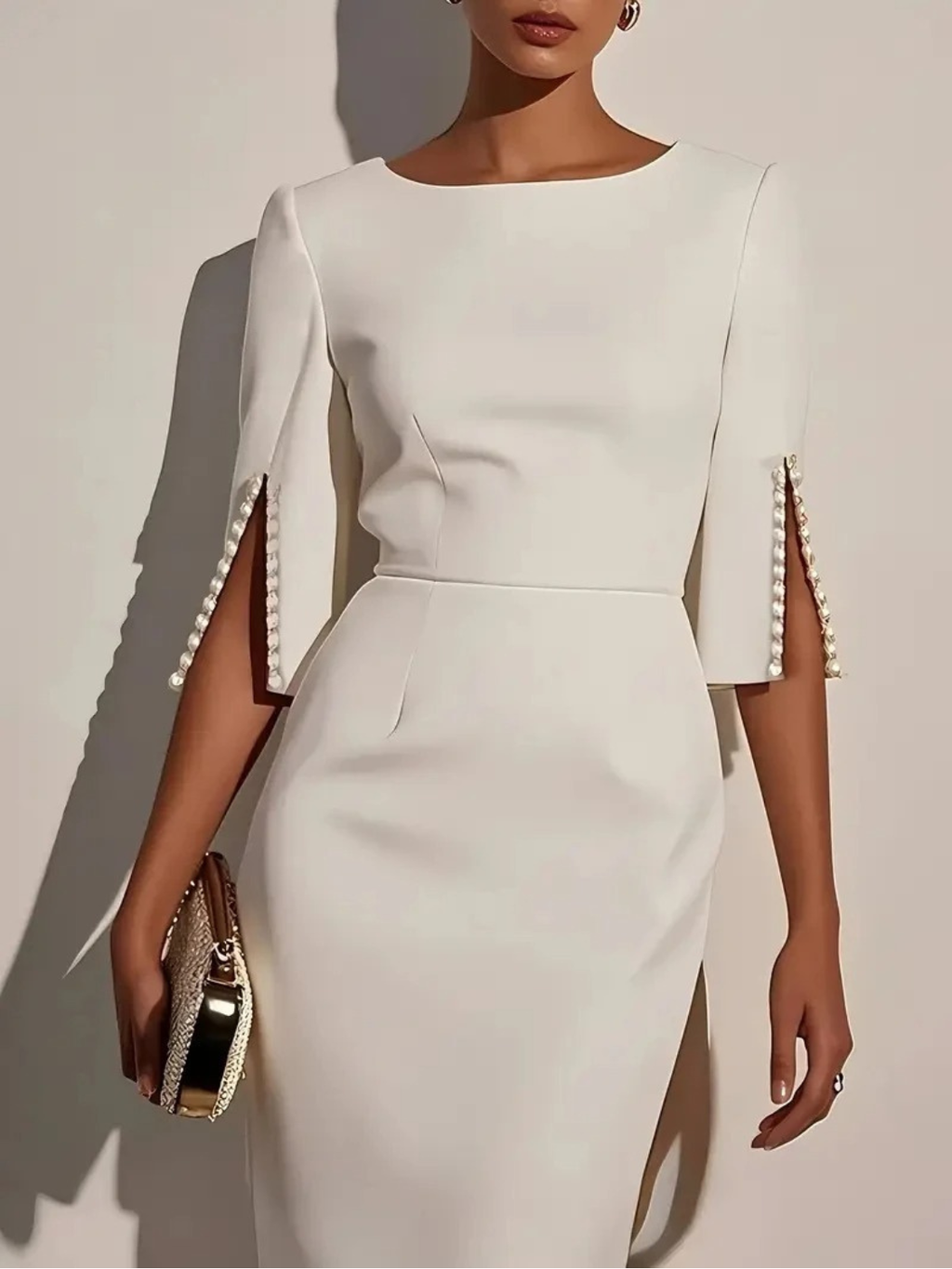 Women's Elegant Pearl Detail Midi Dress