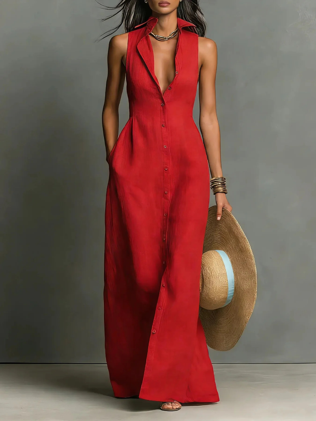 Women's Elegant Sleeveless Button-Front Maxi Dress