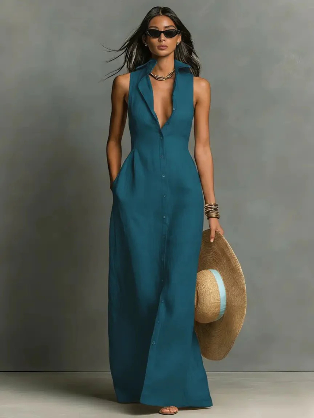 Women's Elegant Sleeveless Button-Front Maxi Dress
