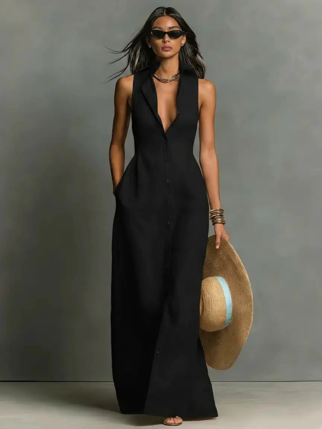 Women's Elegant Sleeveless Button-Front Maxi Dress