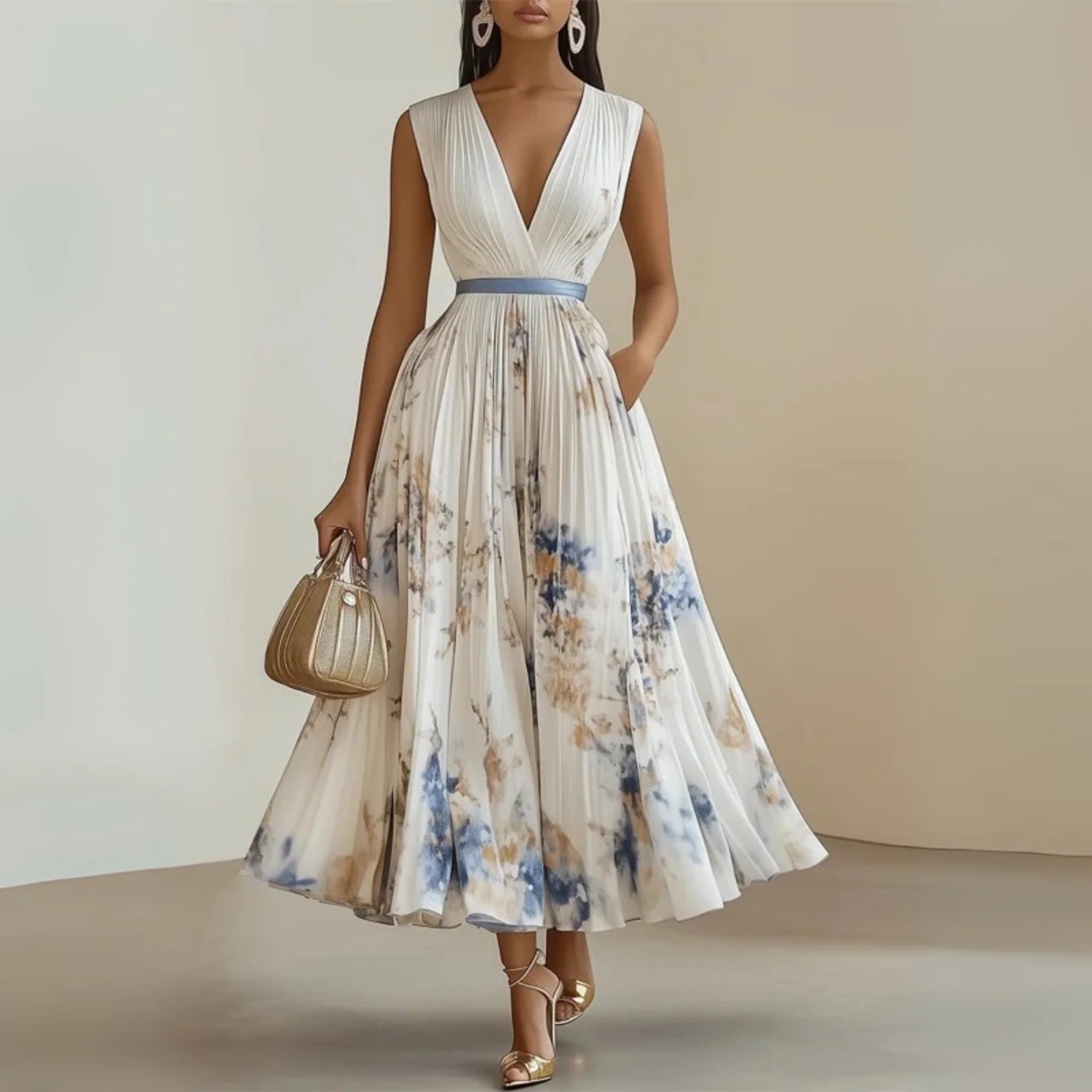 Women's Elegant Sleeveless Floral Pleated Maxi Dress
