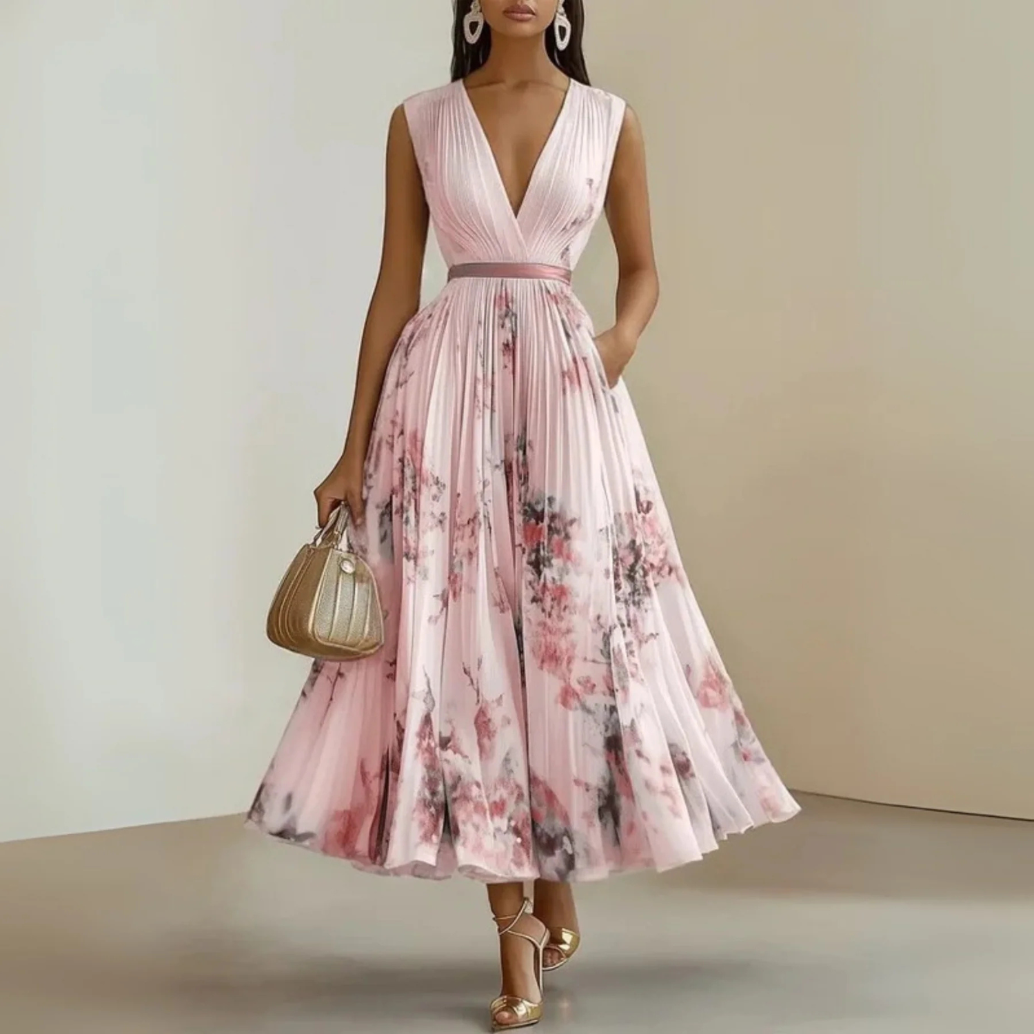 Women's Elegant Sleeveless Floral Pleated Maxi Dress