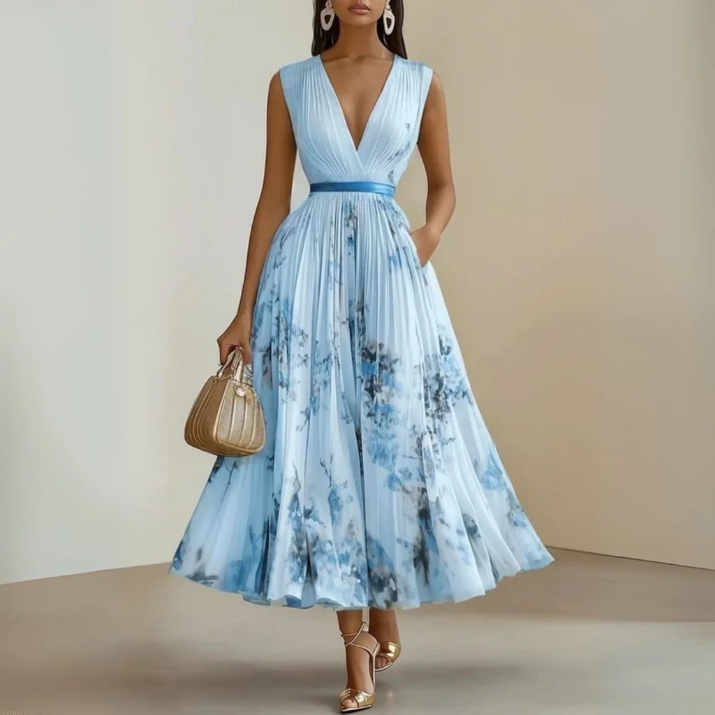 Women's Elegant Sleeveless Floral Pleated Maxi Dress