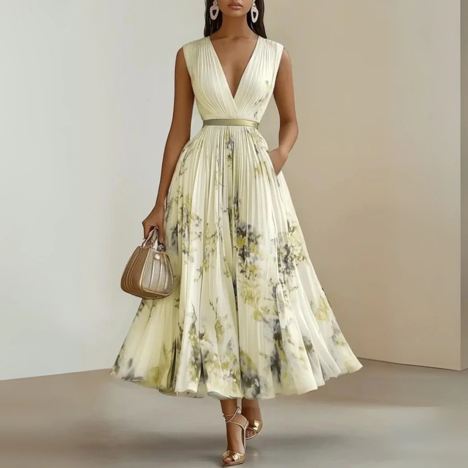 Women's Elegant Sleeveless Floral Pleated Maxi Dress