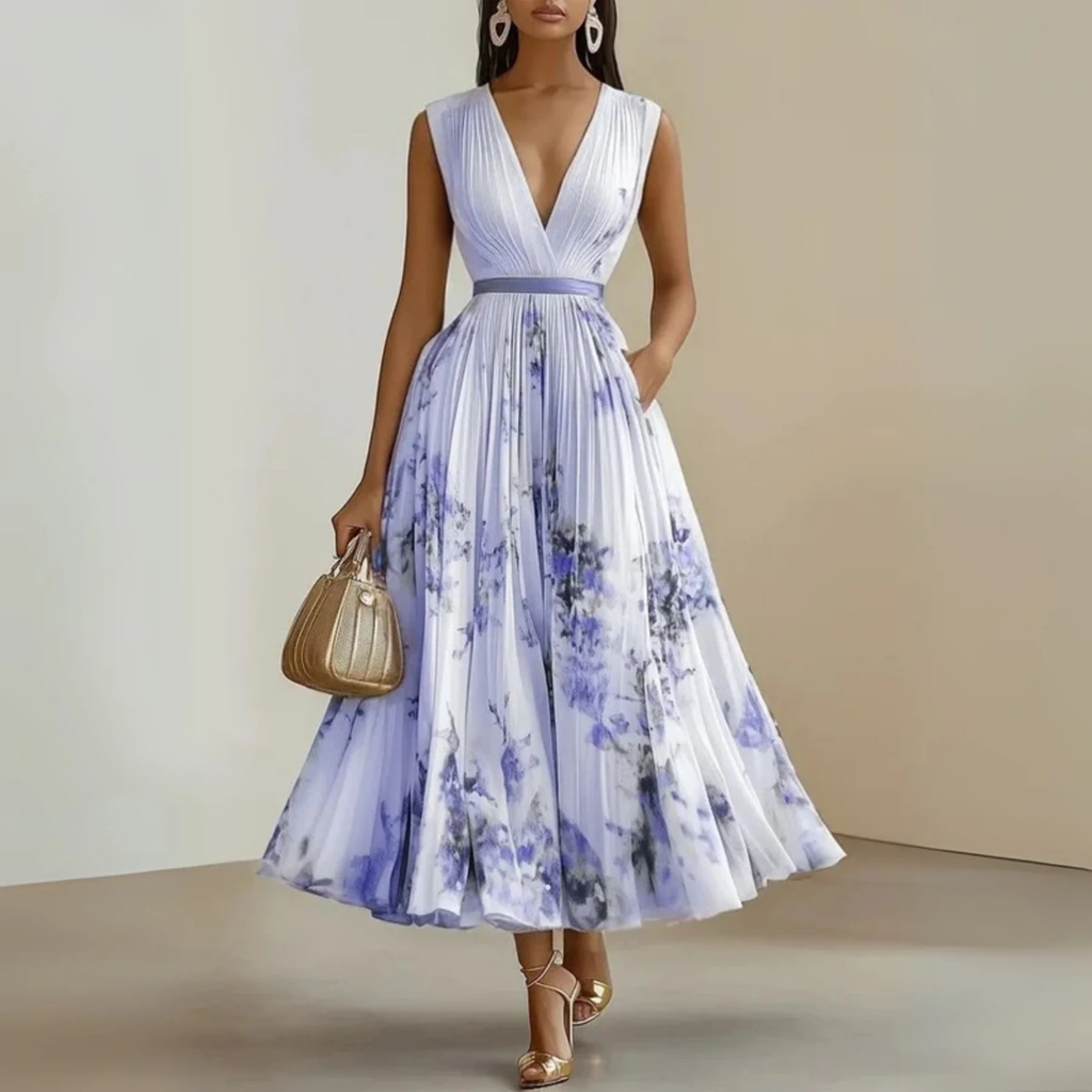 Women's Elegant Sleeveless Floral Pleated Maxi Dress